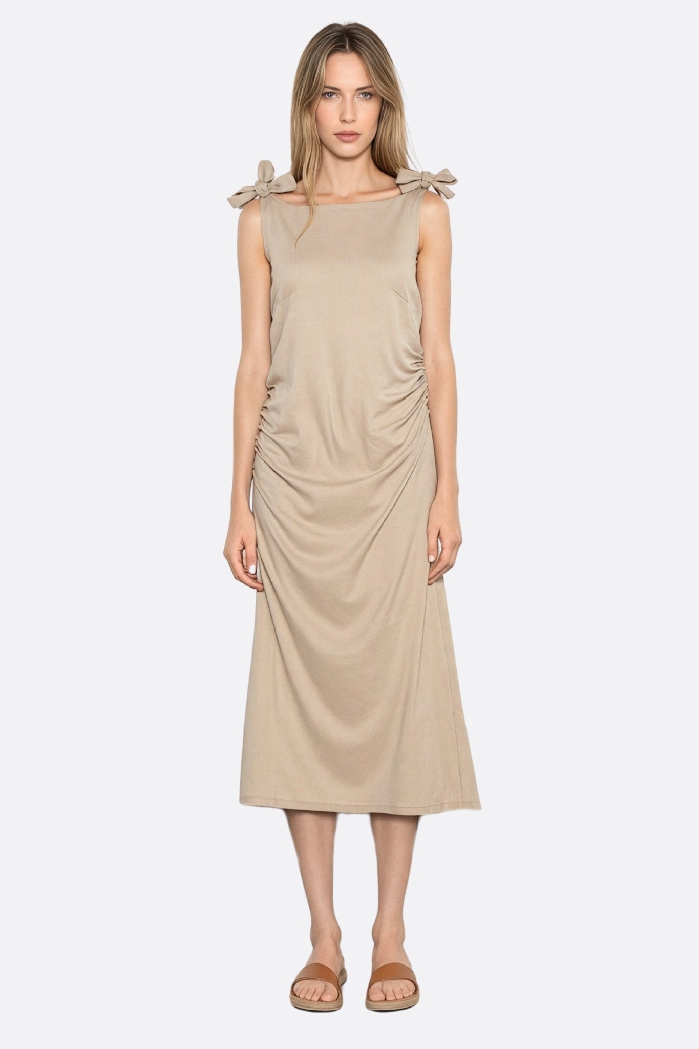Beige Shoulder Tie Linen Midi Dress