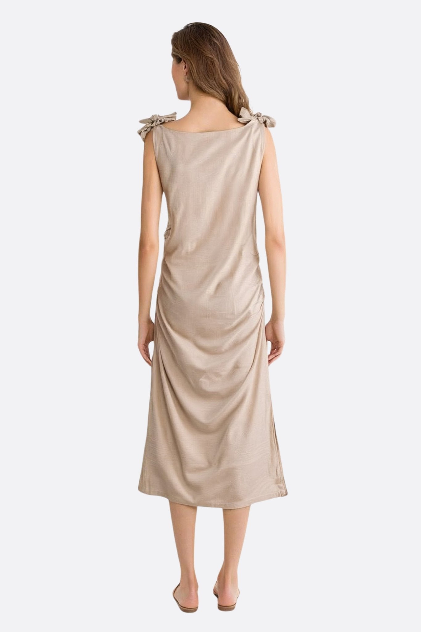 Beige Shoulder Tie Linen Midi Dress