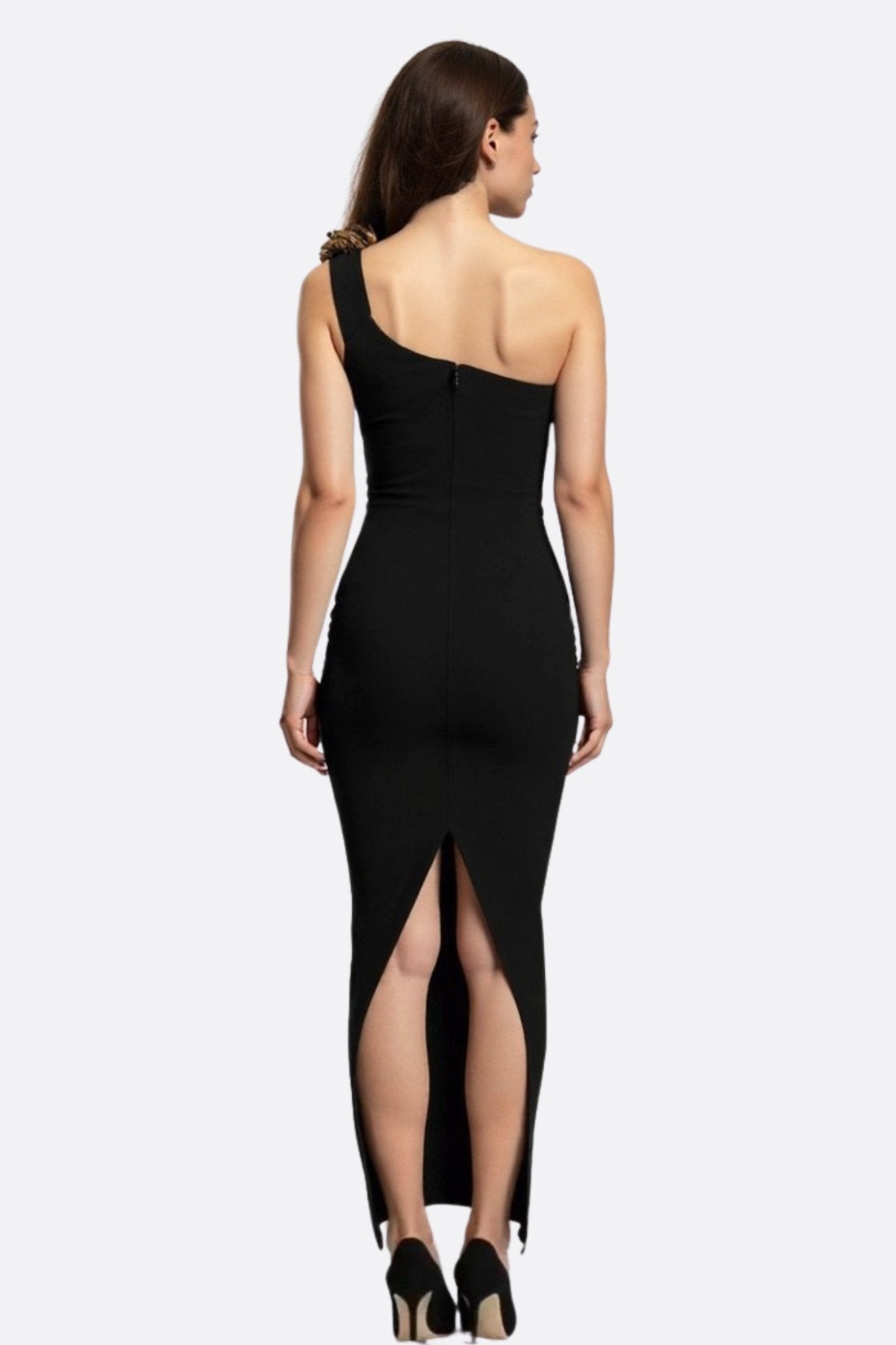 Black Asymmetric Neckline Maxi Dress