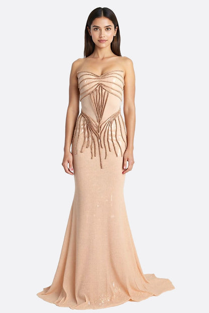 Beige Embroidered Mermaid Maxi Dress