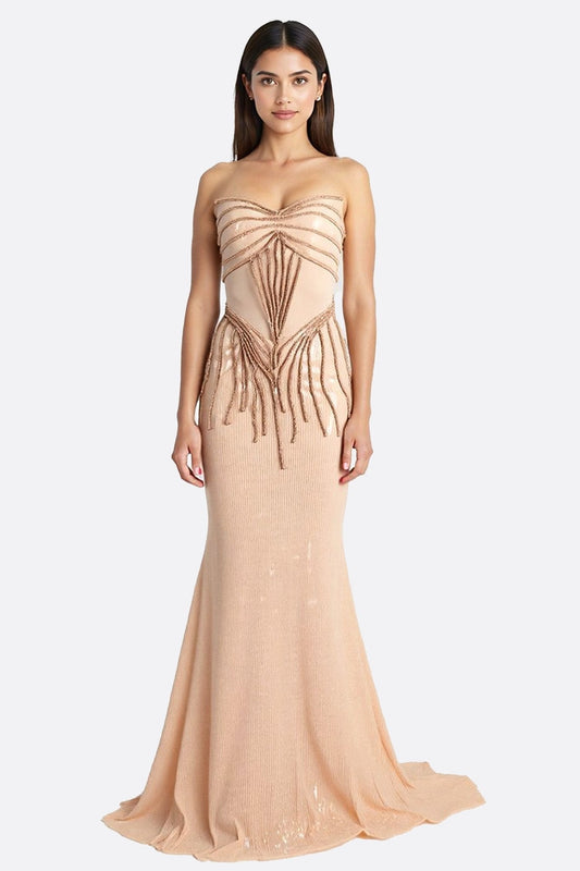 Beige Embroidered Mermaid Maxi Dress