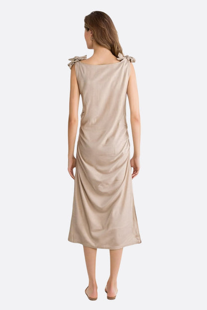 Beige Shoulder Tie Linen Midi Dress