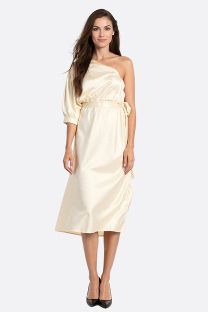 Ivory White Asymmetric Satin Maxi Dress