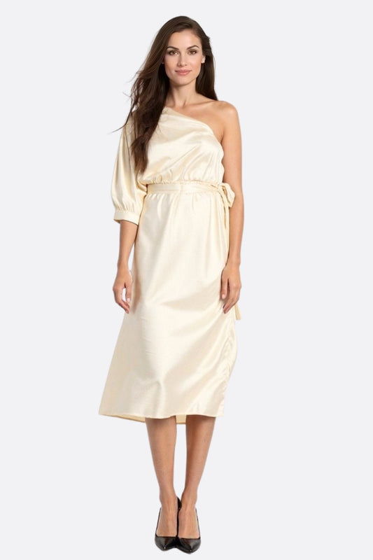 Ivory White Asymmetric Satin Maxi Dress