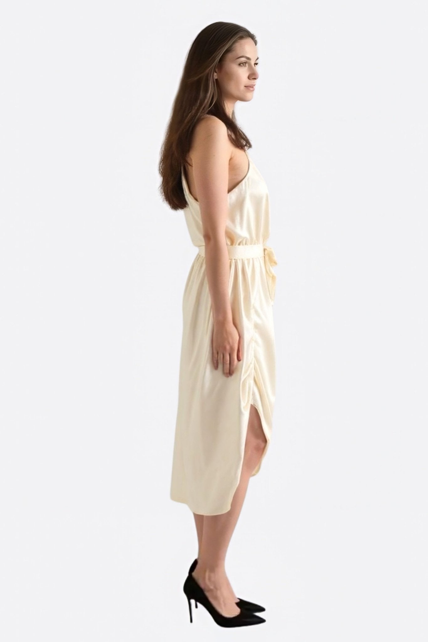 Ivory White Asymmetric Satin Maxi Dress
