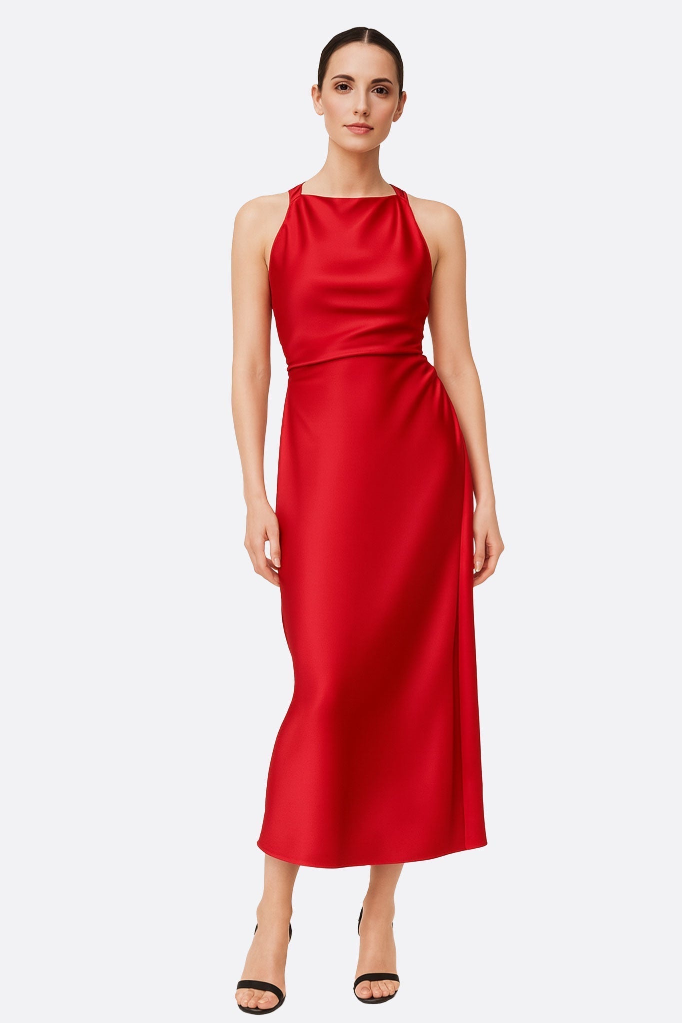 Red Satin Halter-Neck Maxi Dress