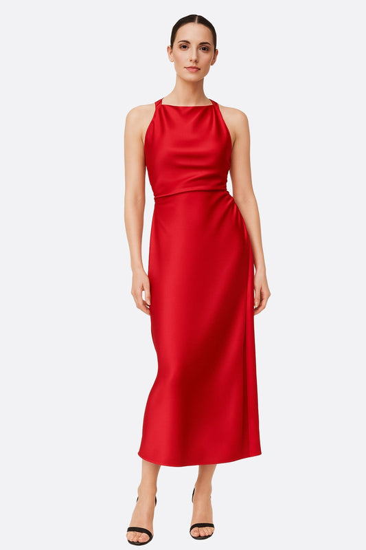 Red Satin Halter-Neck Maxi Dress
