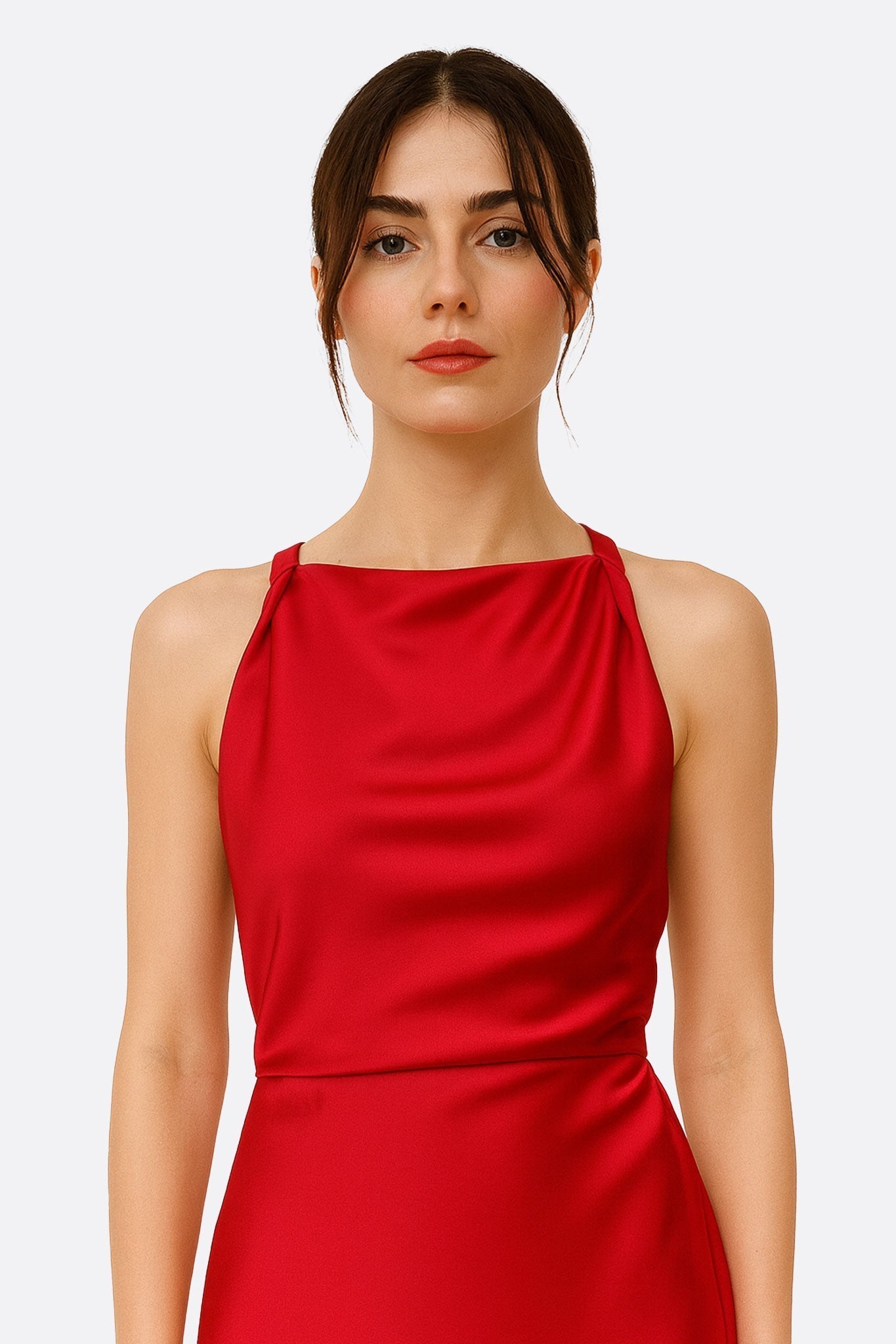 Red Satin Halter-Neck Maxi Dress