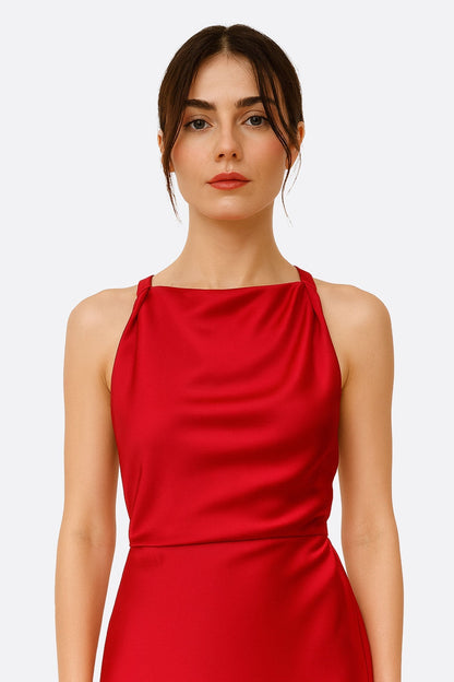 Red Satin Halter-Neck Maxi Dress