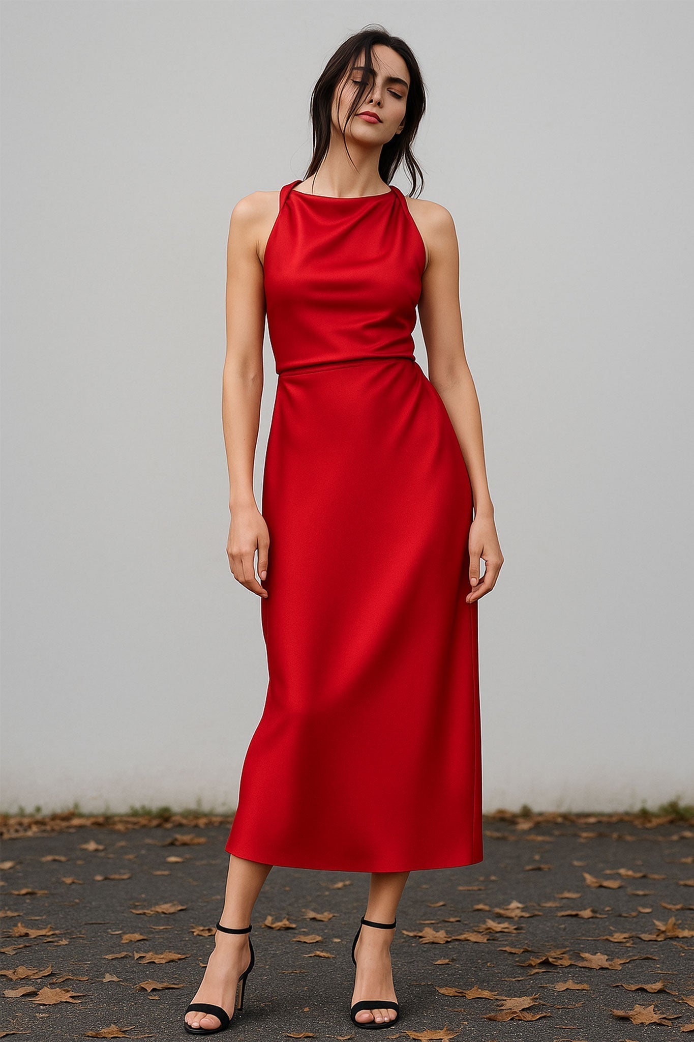 Red Satin Halter-Neck Maxi Dress