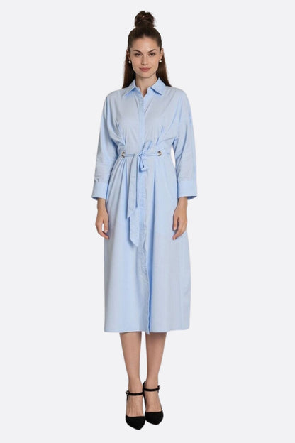 Sky Blue Longline Shirt Dress with Belted Waist