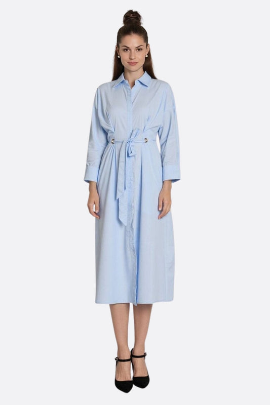 Sky Blue Longline Shirt Dress with Belted Waist