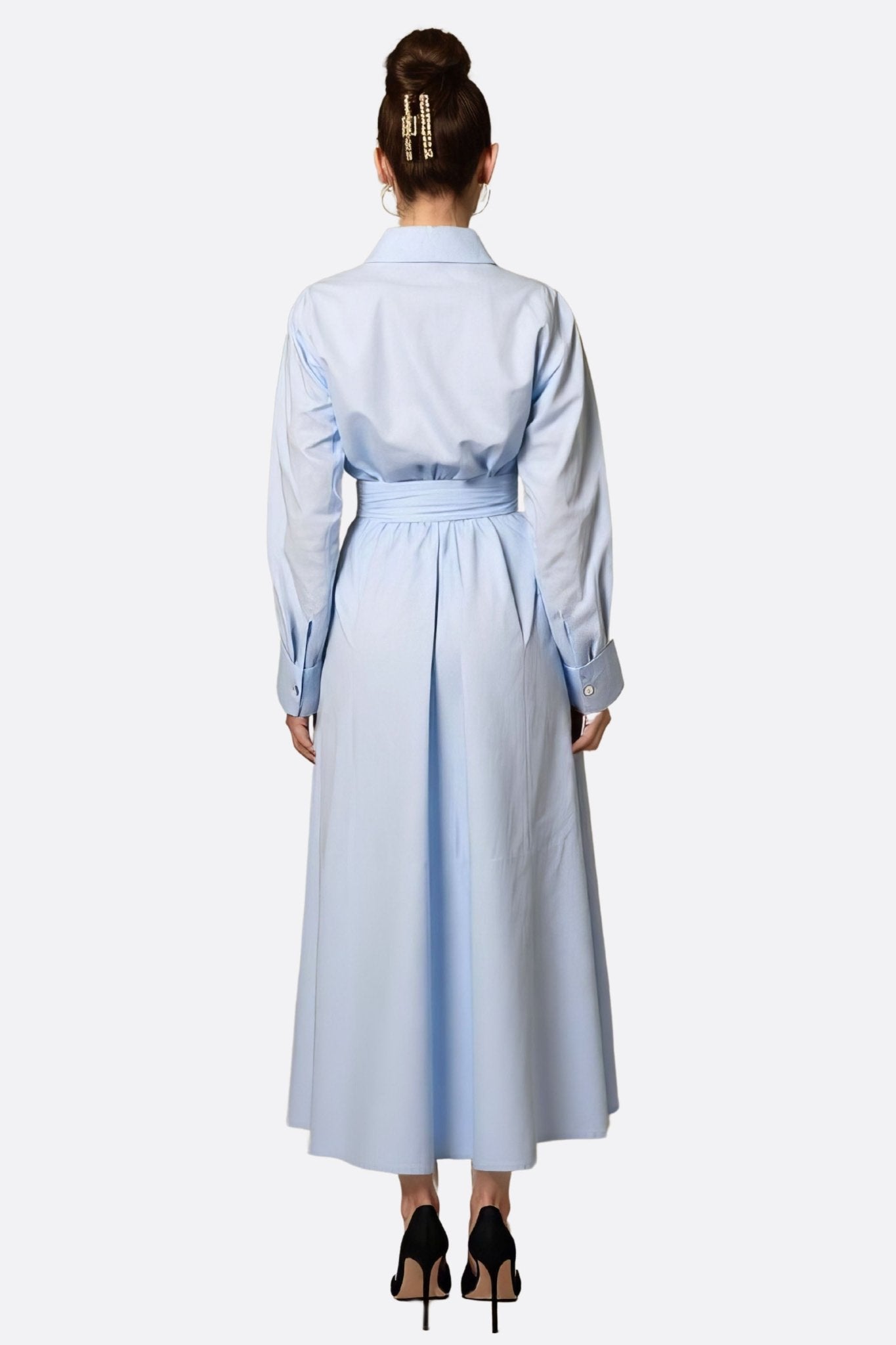 Sky Blue Longline Shirt Dress with Belted Waist