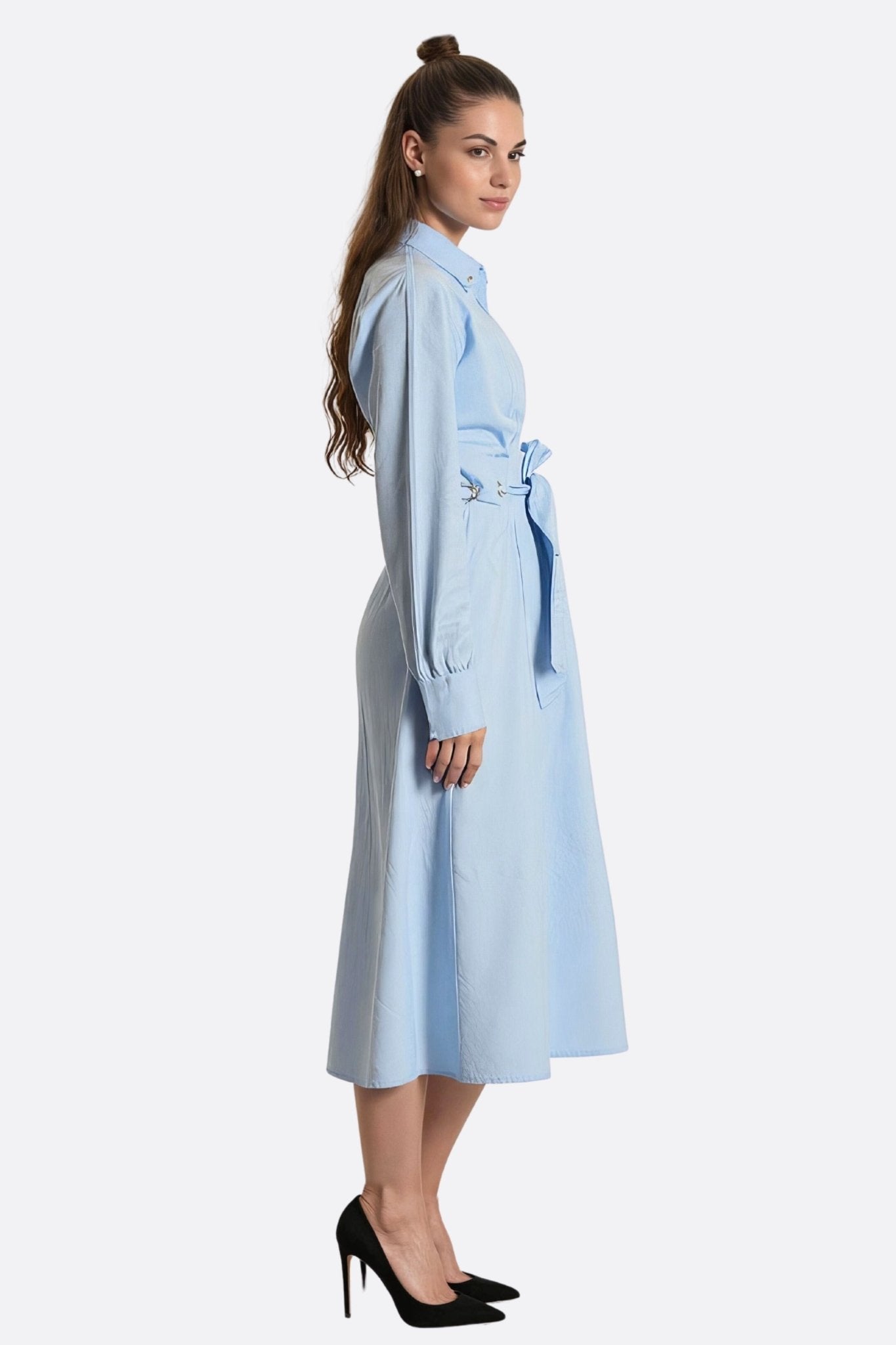 Sky Blue Longline Shirt Dress with Belted Waist